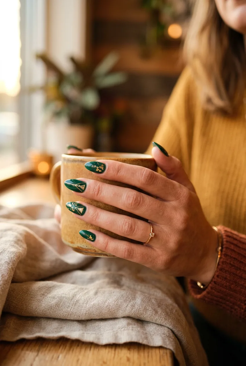 Woman's hand featuring modern almond nails with emerald base and geometric gold foil design