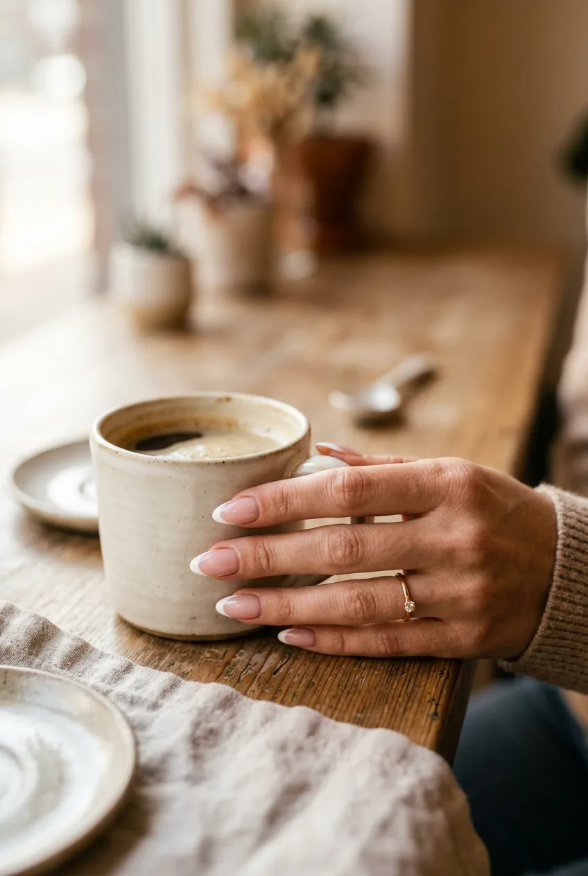 Woman reaching for coffee cup displaying pink almond nails with white French tips