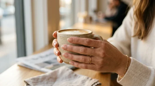 Woman's hand holding coffee cup showing elegant nude-toned manicure in soft morning light