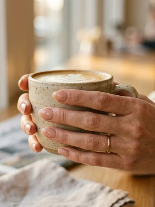 Woman's hand holding coffee cup showing elegant nude-toned manicure in soft morning light