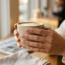 Woman's hand holding coffee cup showing elegant nude-toned manicure in soft morning light