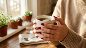 Woman's hands holding white coffee mug showing fresh deep red manicured nails in morning kitchen light