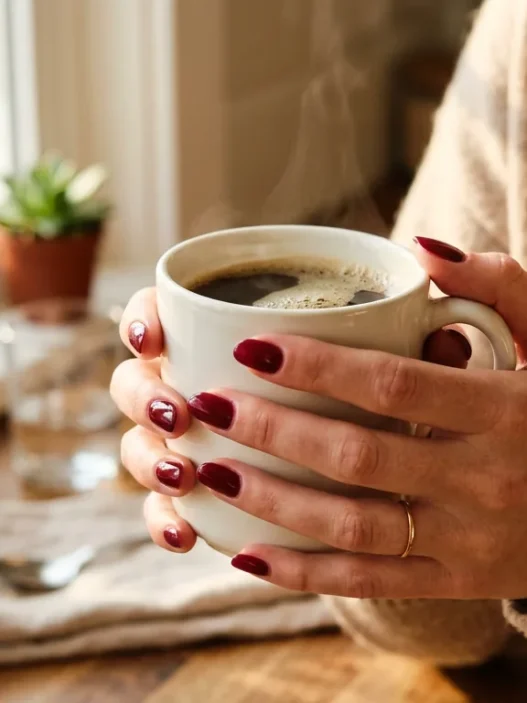 Woman's hands holding white coffee mug showing fresh deep red manicured nails in morning kitchen light