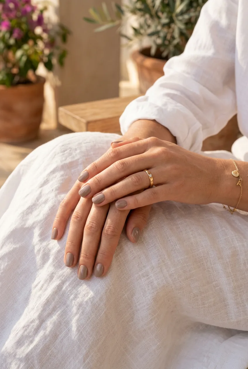 Hands with warm mushroom neutral nail polish resting elegantly on white linen fabric in bright sunlight