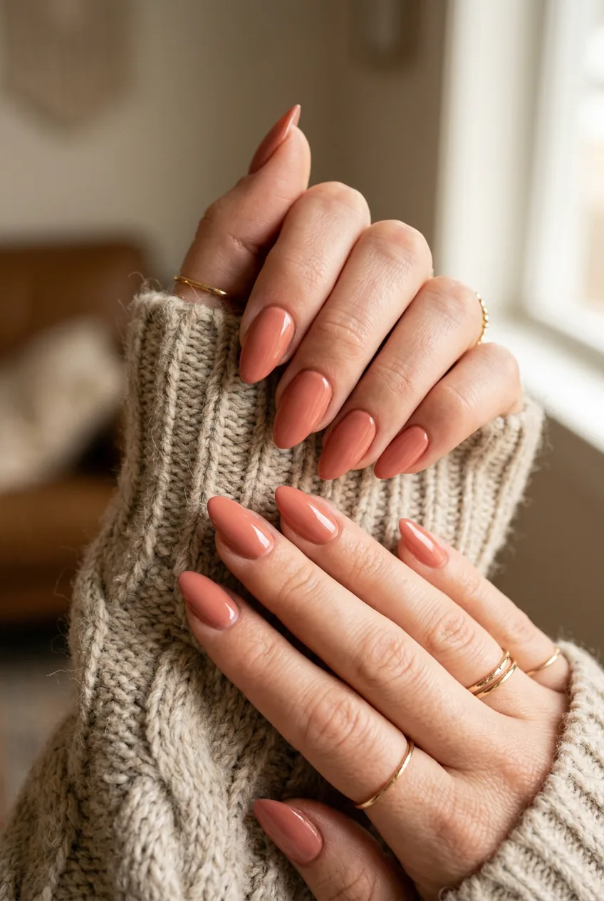 Hands showing muted coral nail polish positioned against soft wool sweater texture