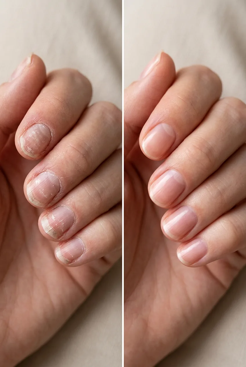 Comparison showing healthy nails versus damaged nails for technique effectiveness