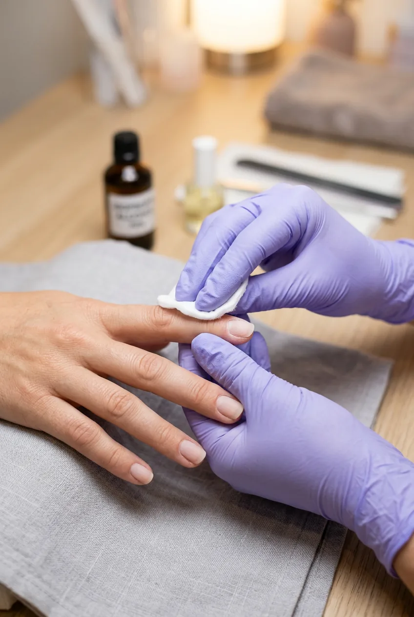 Cotton pad with rubbing alcohol being applied to nail for dehydration step