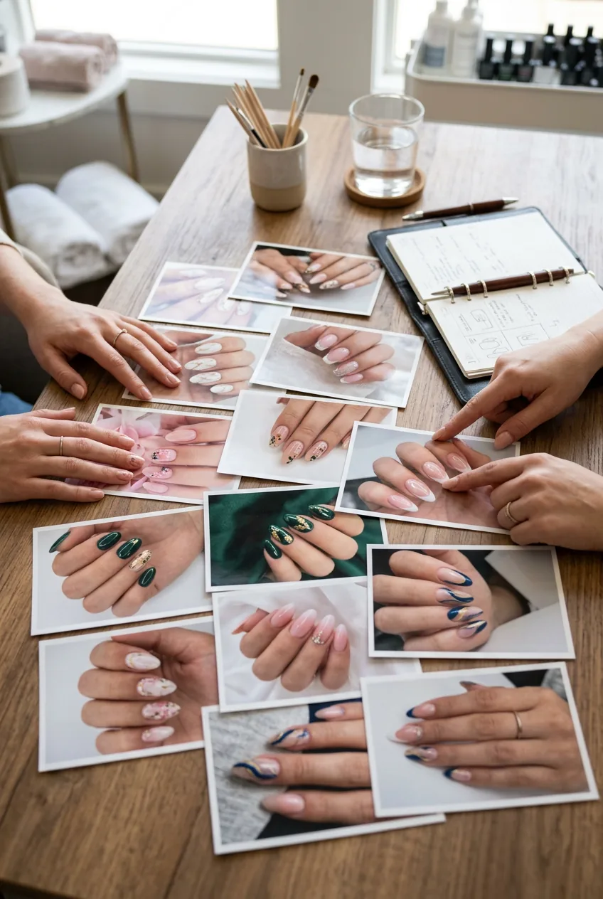 Multiple nail design reference photos spread across salon table during appointment planning phase