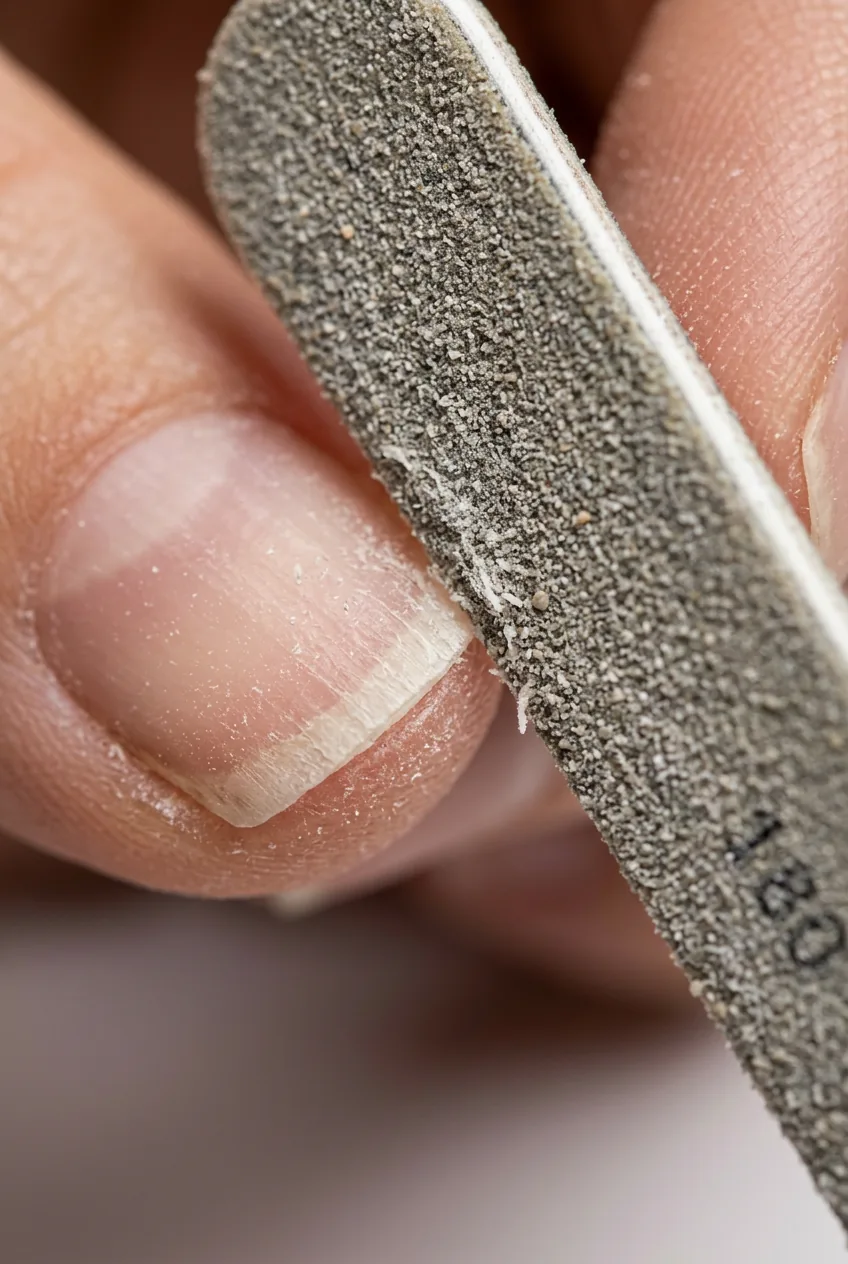 Extreme close-up showing nail file grit texture and microscopic nail dust particles during filing