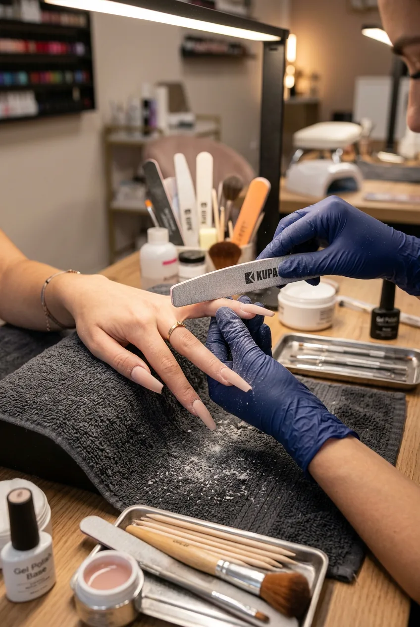 Woman filing and shaping long coffin press-on nails to perfect the extension blending and smooth edges