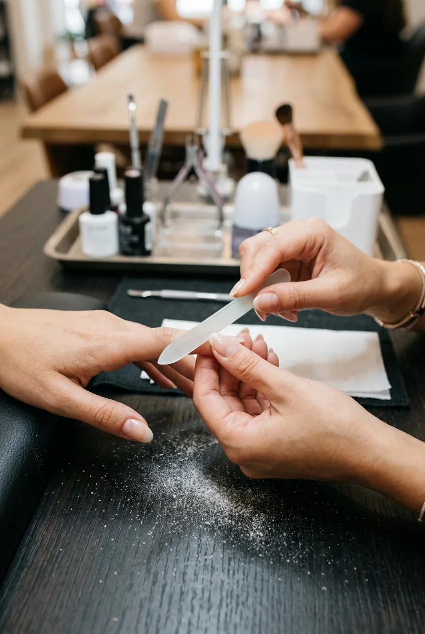 Close-up of proper nail filing technique using glass file on natural nails