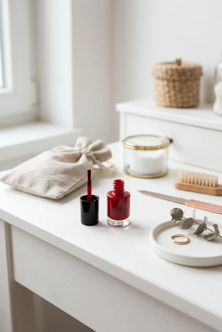 Single red nail polish bottle with brush on white vanity table with beauty accessories
