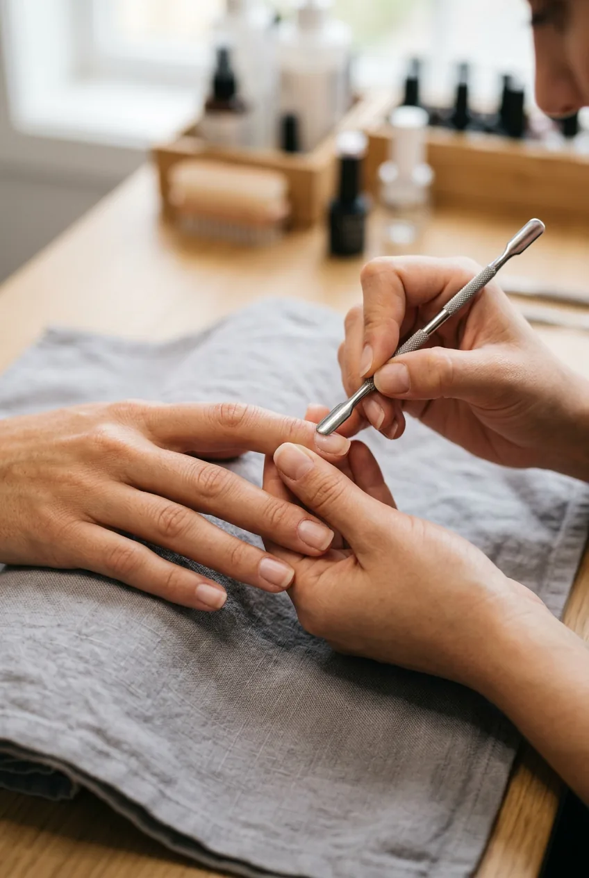 Close-up of hands during nail preparation with cuticles pushed back and nails filed short