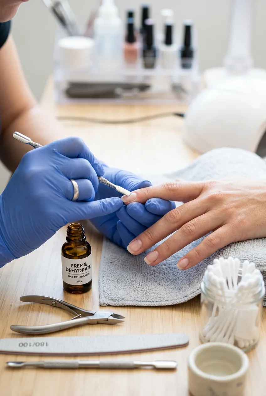 Cuticle pusher cleaning nail surface with nail dehydrator being applied with small brush