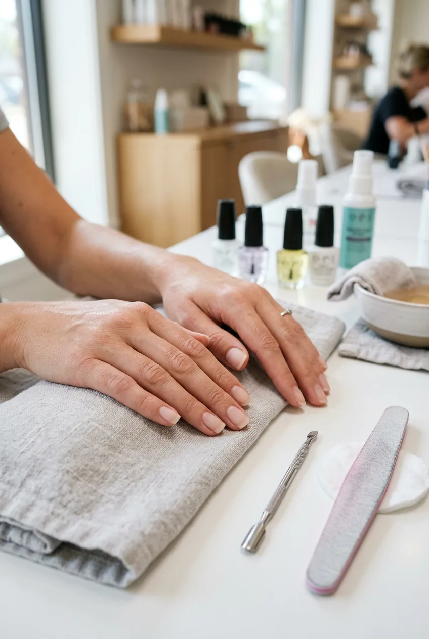 Woman's hands during nail preparation with filed nails and pushed back cuticles on salon table