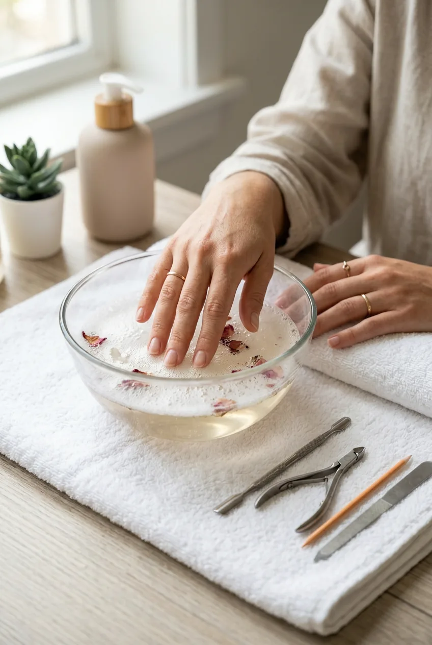 Woman's hands soaking in glass bowl with warm water surrounded by cuticle tools and nail prep supplies