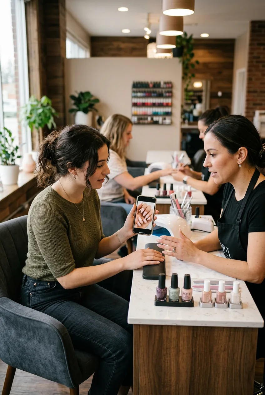 Woman showing reference photos to nail technician during salon consultation before service begins