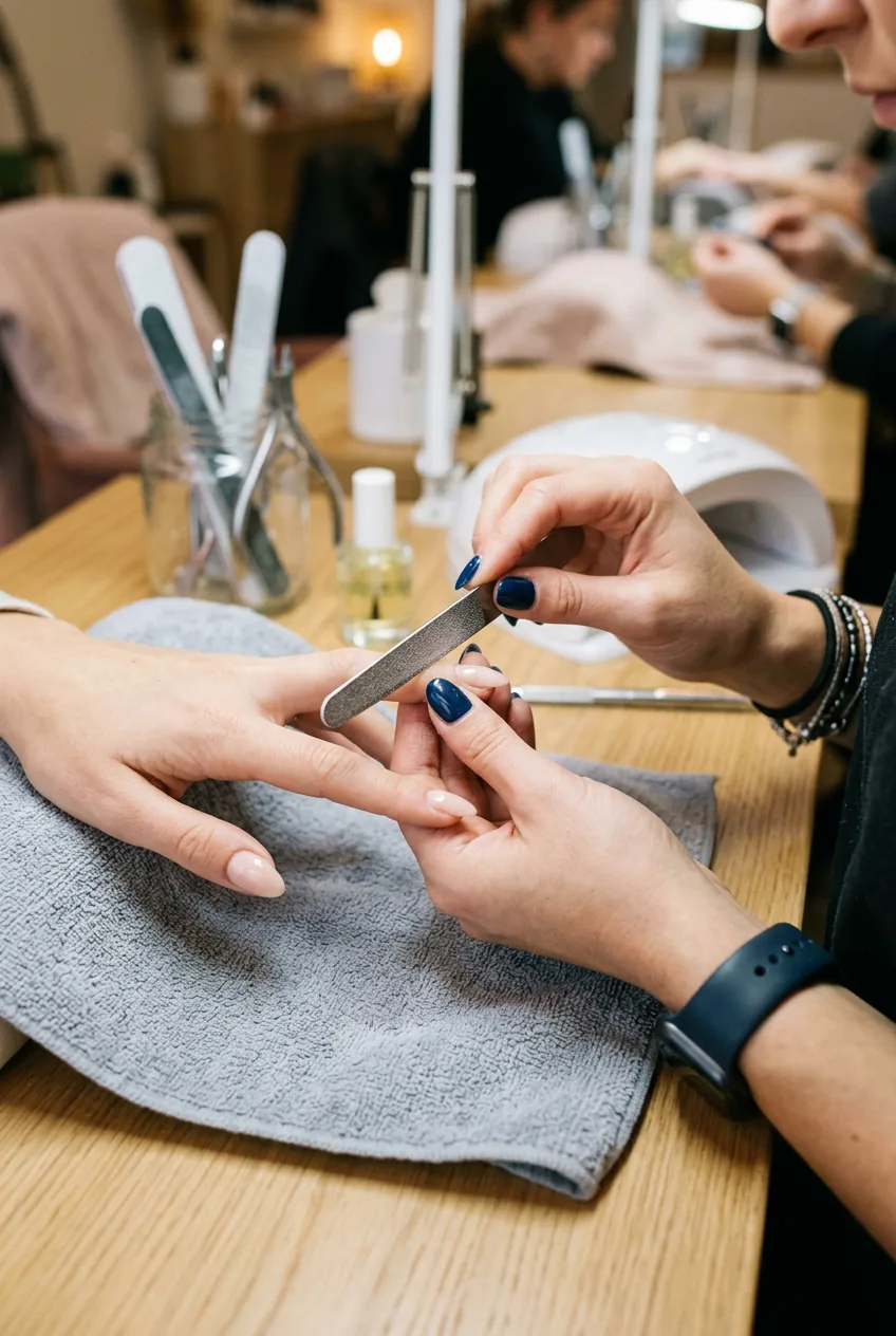 Nail technician carefully filing client's nails into soft almond shape during professional manicure