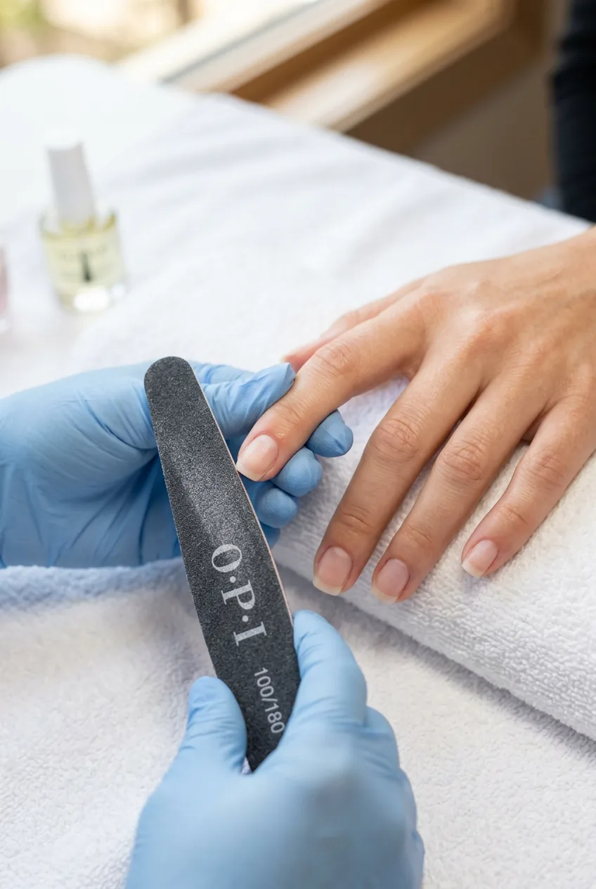 Close-up of natural nails being filed into rounded square shape during preparation