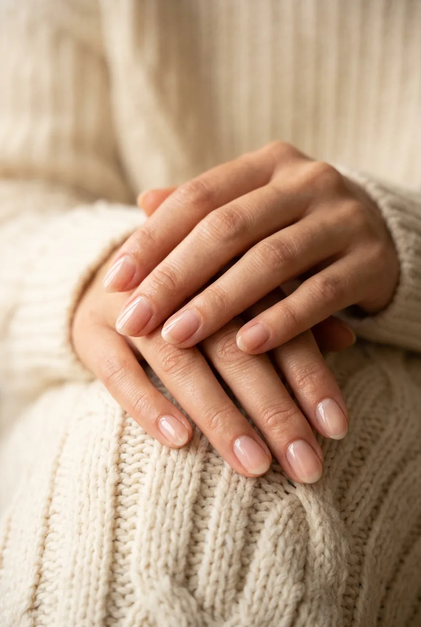 Well-maintained natural nails with clear finish positioned against soft wool sweater texture