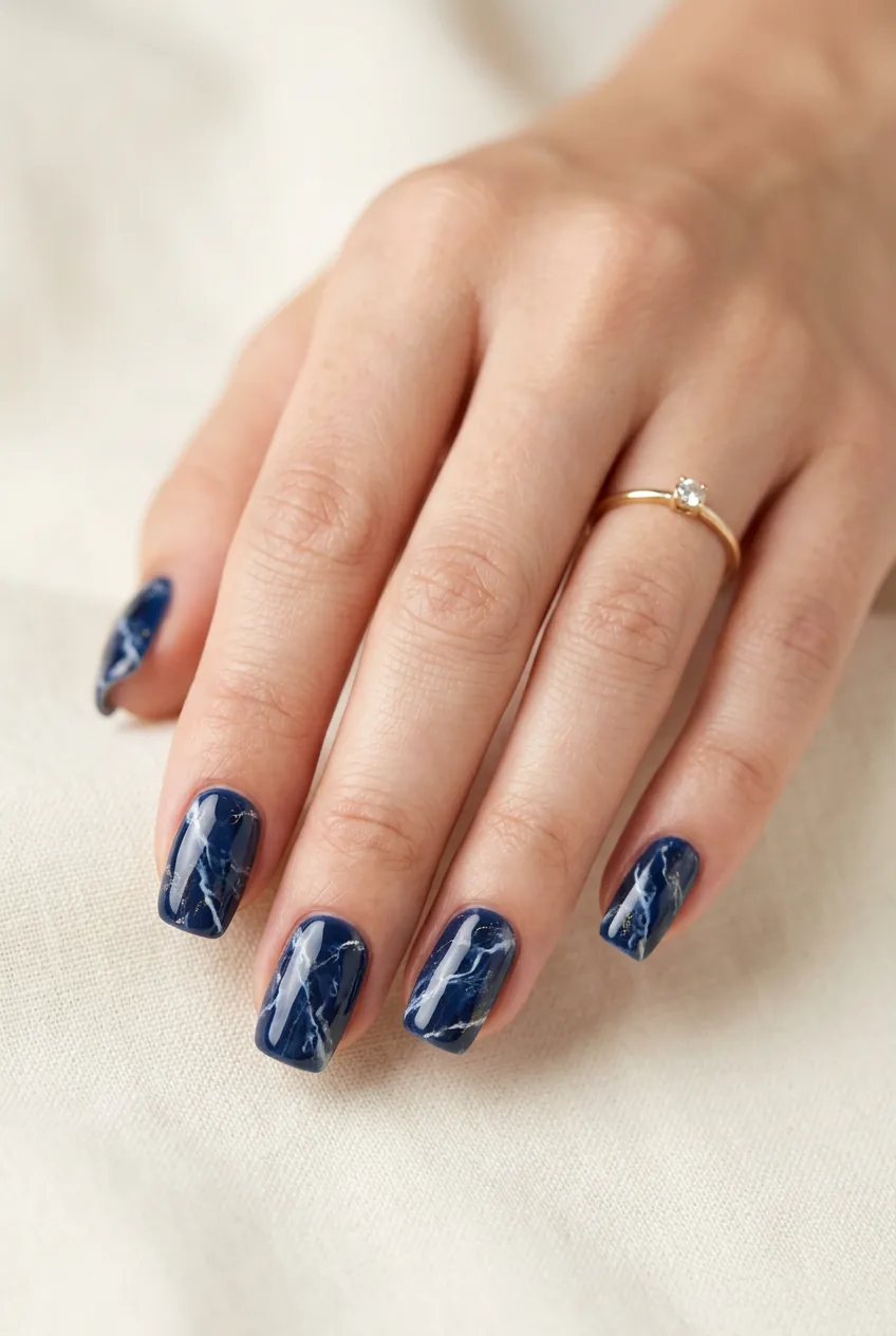 Woman's hand featuring navy blue marble effect nail design with white veining