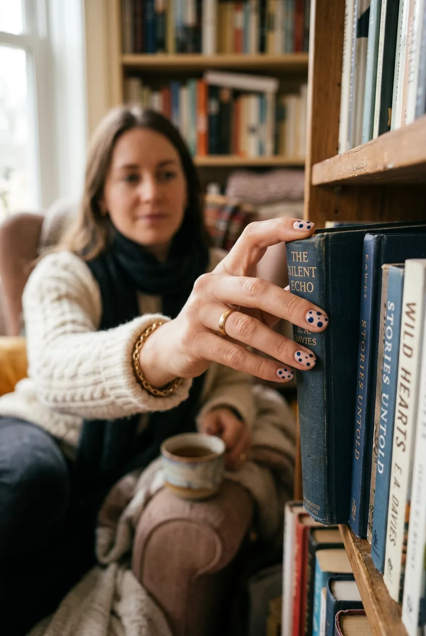 Woman's hand reaching for book showing navy polka dots on nude base with varying dot sizes