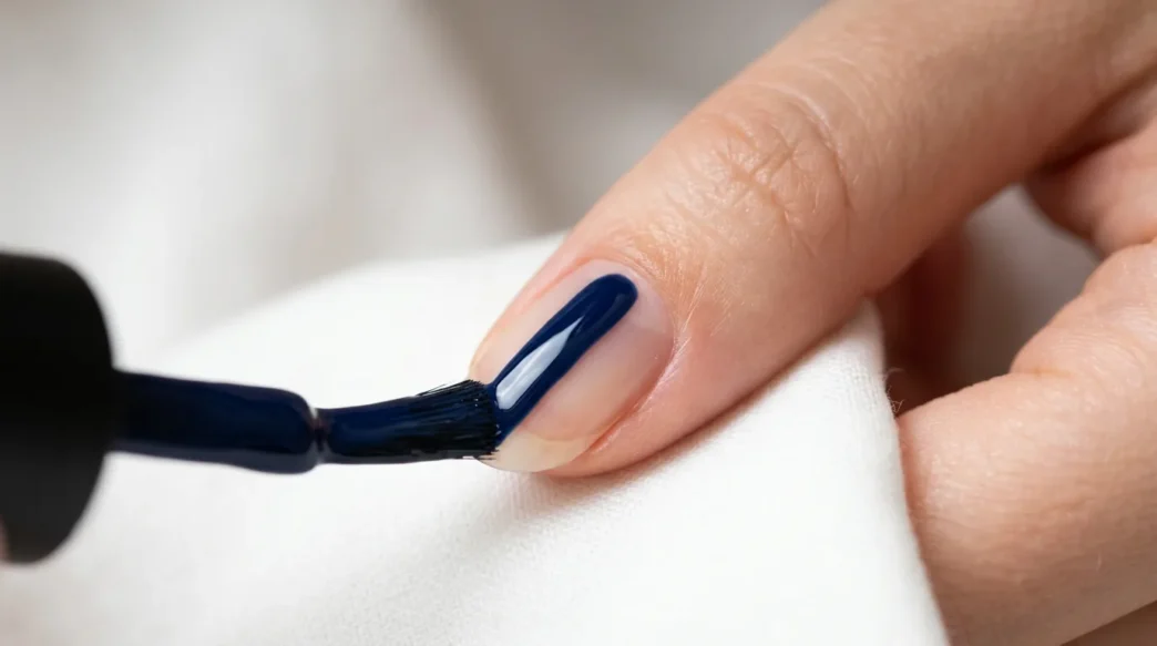 Polish brush applying glossy navy blue lacquer in single stroke down center of fingernail