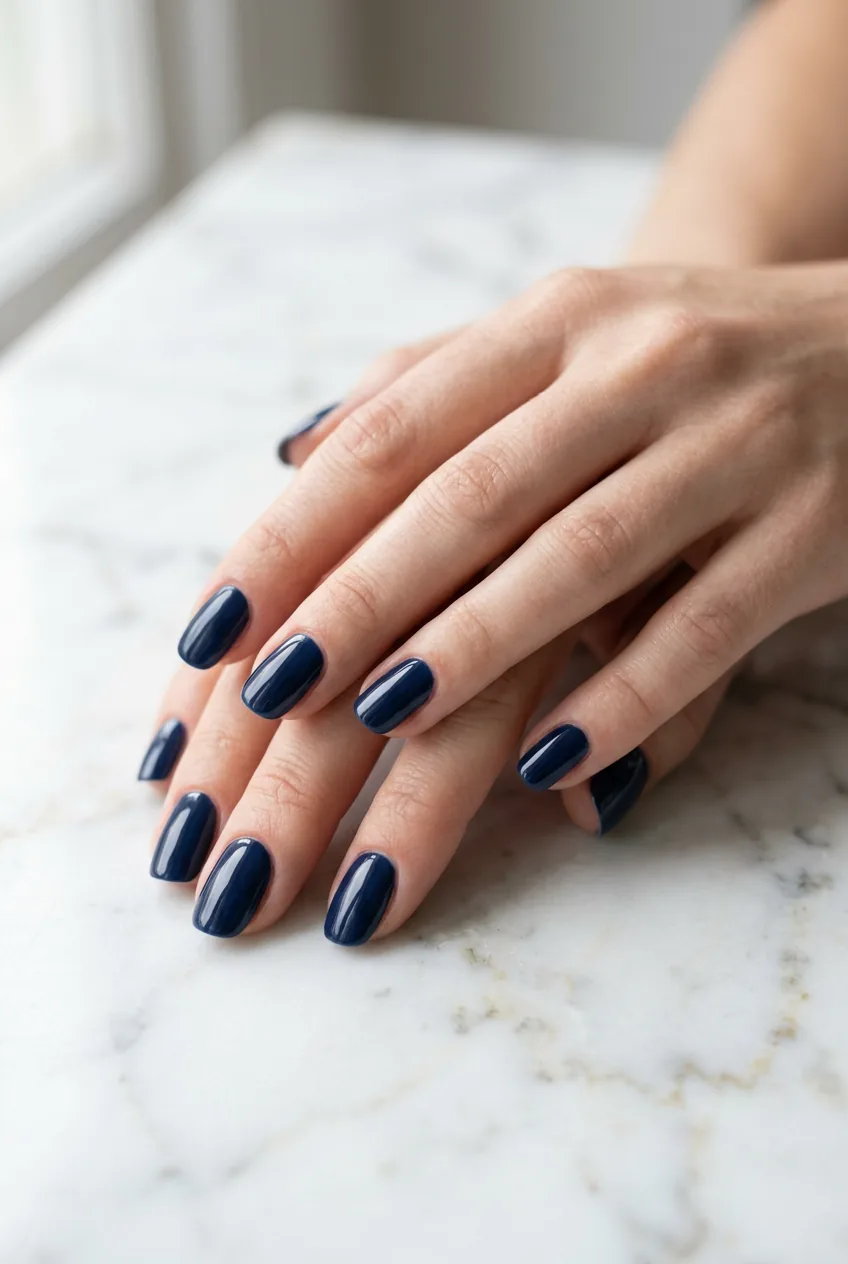 Close-up of glossy deep navy manicured nails positioned against white marble surface