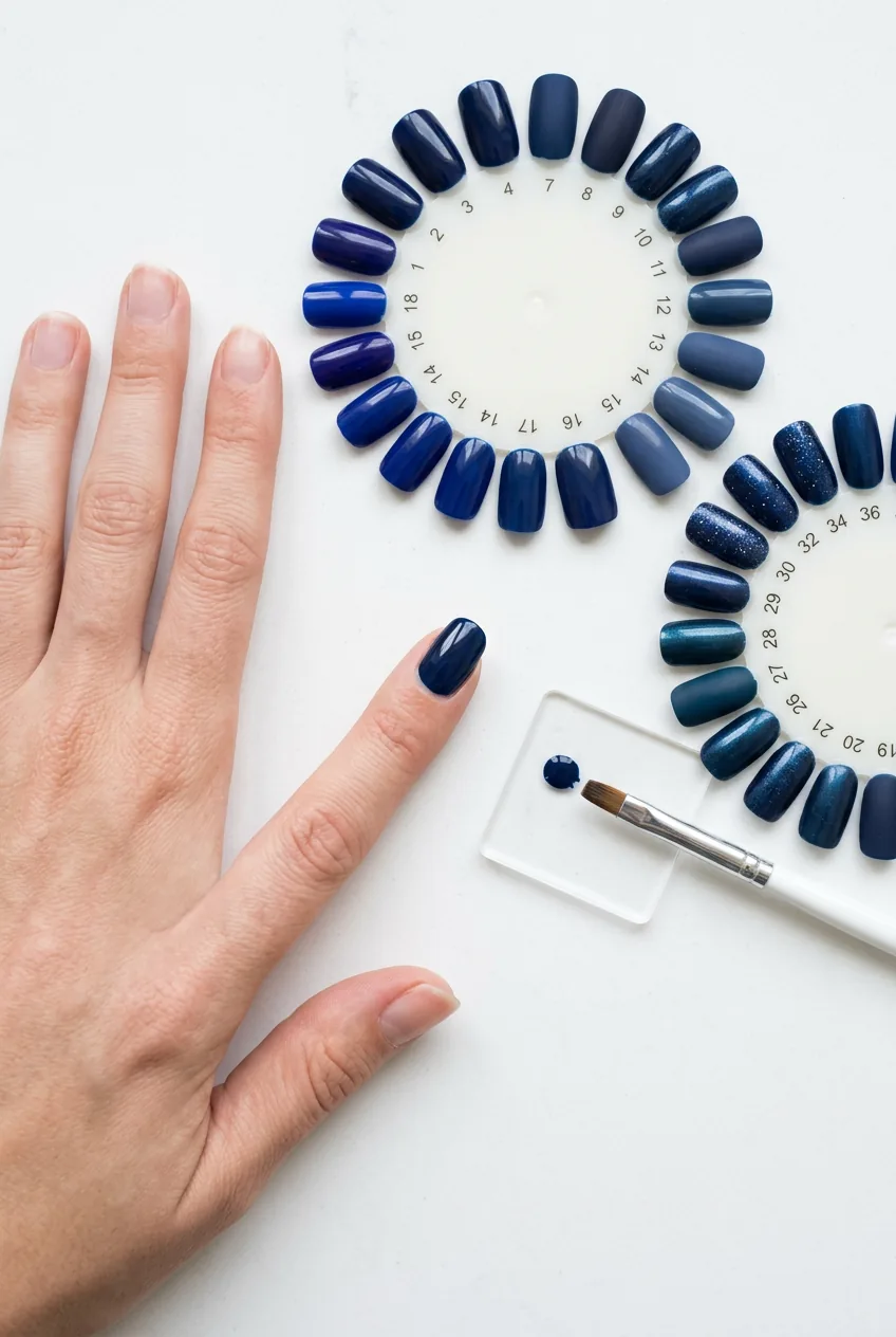 Single fingernail being tested with custom navy next to practice wheels showing variations