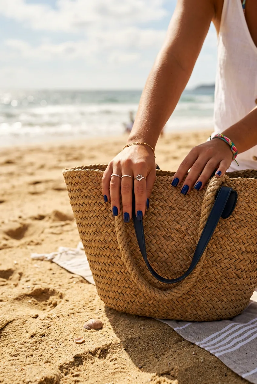 Square navy nails reaching for beach bag on sand with ocean background