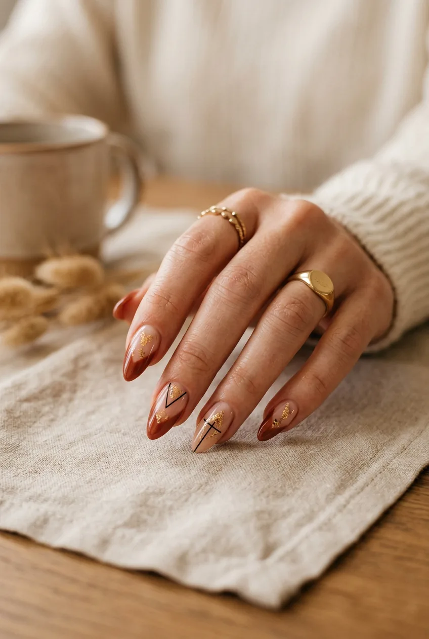 Modern almond nail art with negative space triangles and gold foil catching natural light