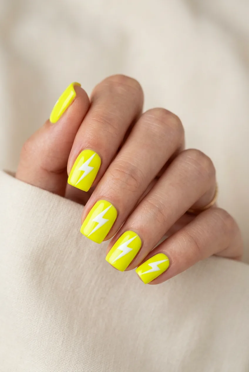 Bright neon yellow square nails featuring white lightning bolt design from cuticle to corner