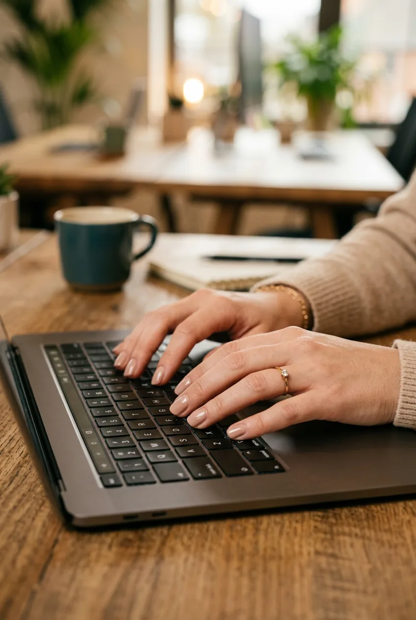 Woman's hands typing on laptop keyboard showing elegant short neutral manicured nails