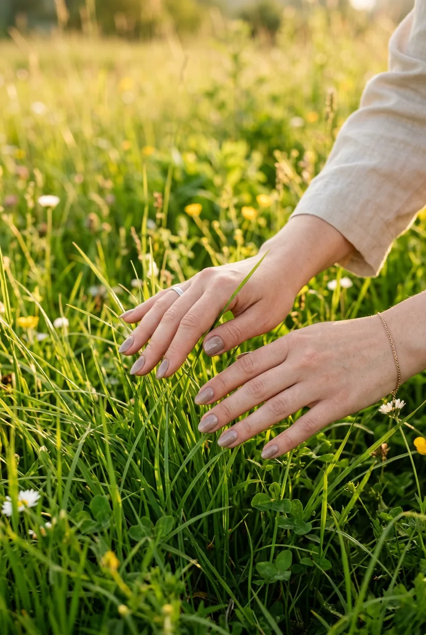 Hands with complex neutral nail polish touching fresh spring grass in meadow setting