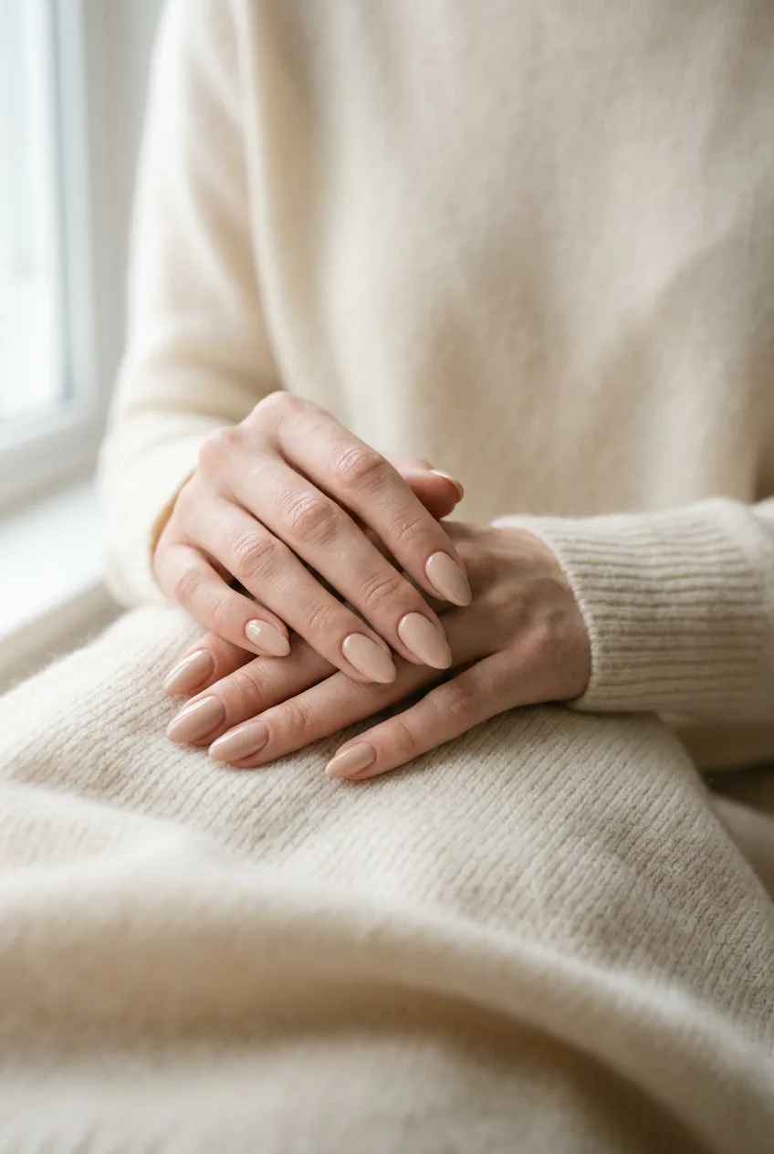Manicured hands with nude beige nails against soft cream cashmere sweater fabric