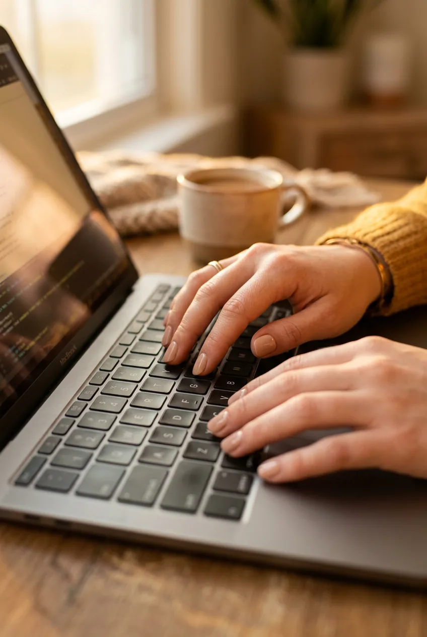 Woman's hands typing on laptop keyboard with nude beige manicure in natural lighting