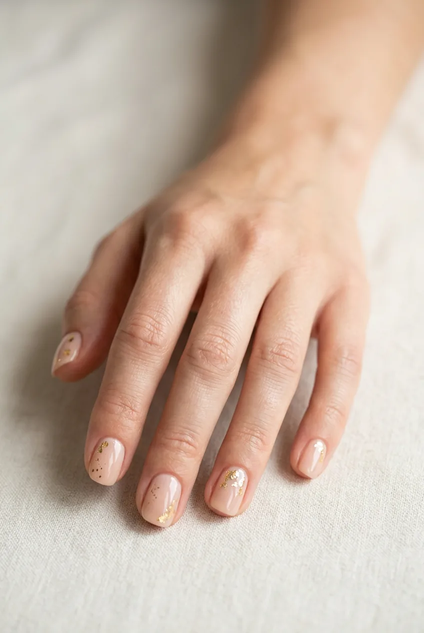 Hand showing nude manicure with gold foil leaf accents scattered on short natural nails