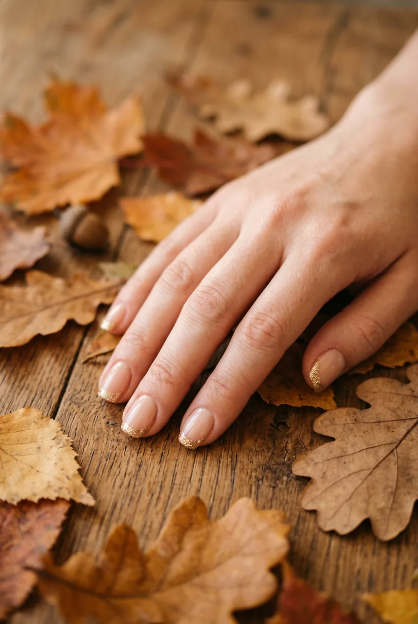 Nude base nails with sparkling gold glitter tips positioned on wooden surface with autumn leaves