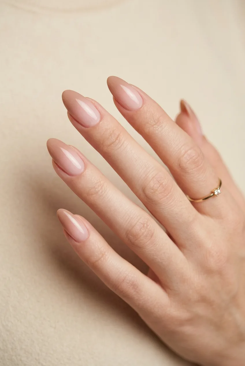 Woman's hand displaying nude gradient almond nails with seamless pink to nude ombre transition
