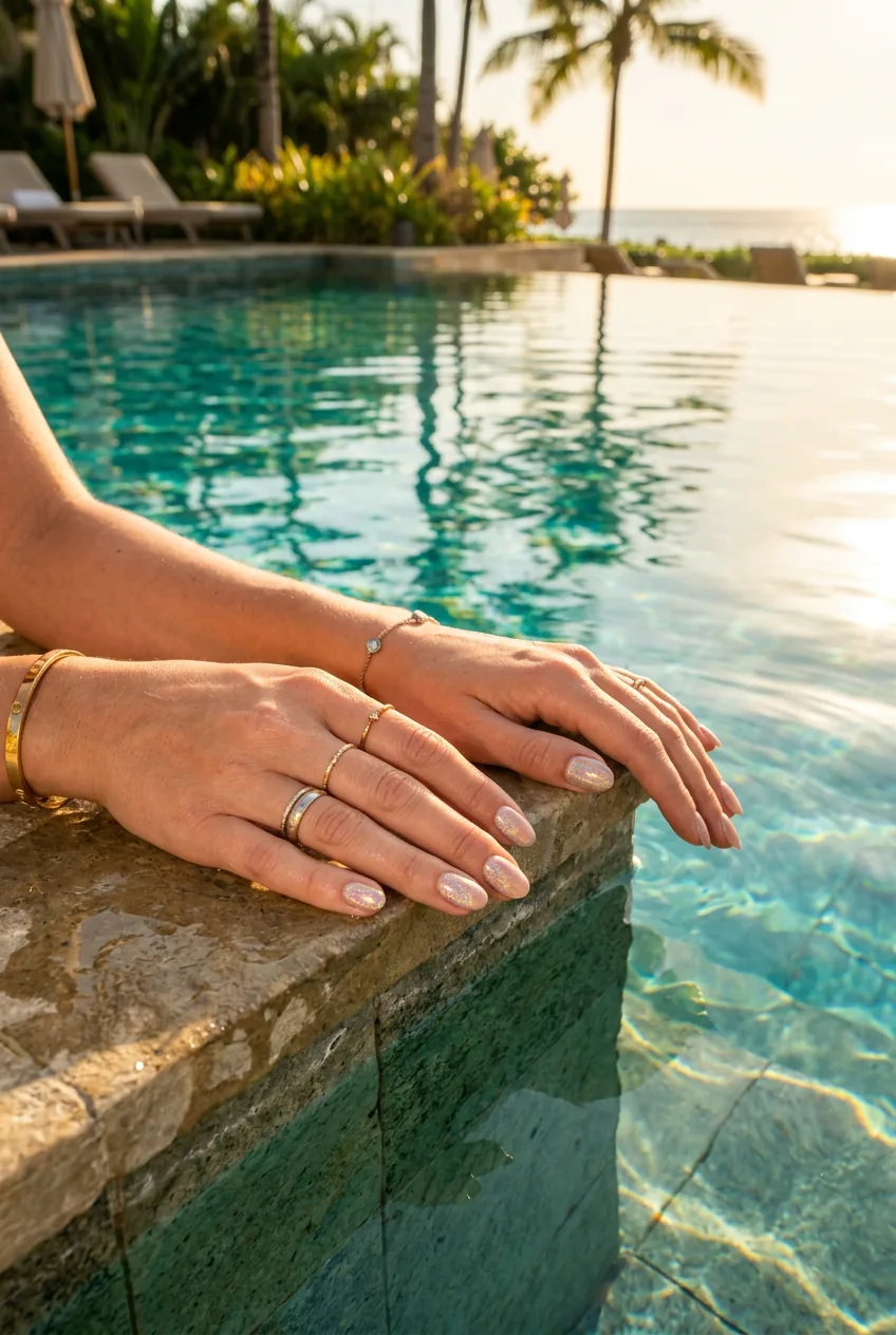 Hands with coral-peach nail polish gripping Aperol spritz cocktail at rooftop bar during golden hour