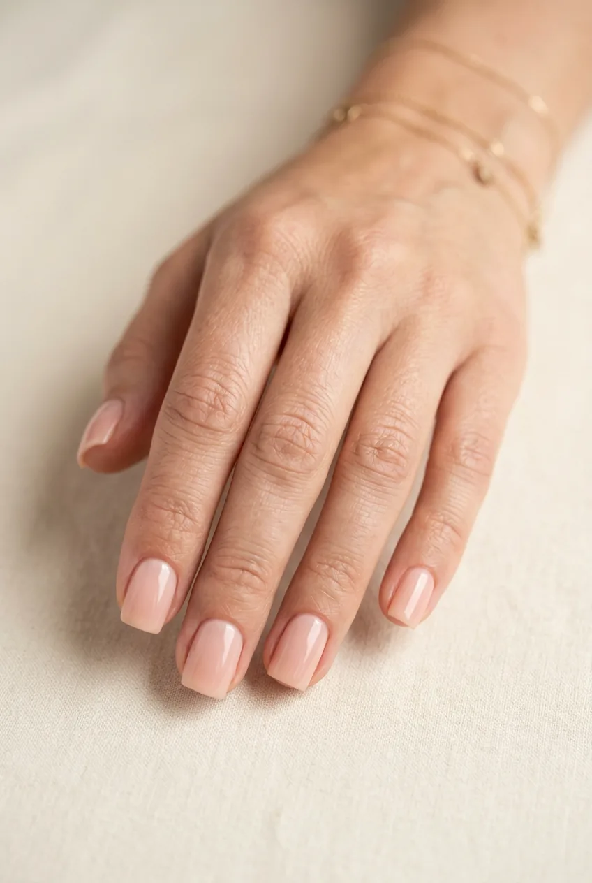 Woman's fingers showing nude pink manicure on short square nails with natural glossy finish
