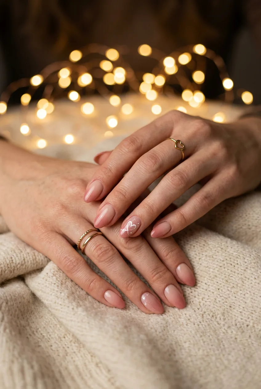 Feminine hands showing gradient manicure from nude to soft rose tones with warm fairy light background