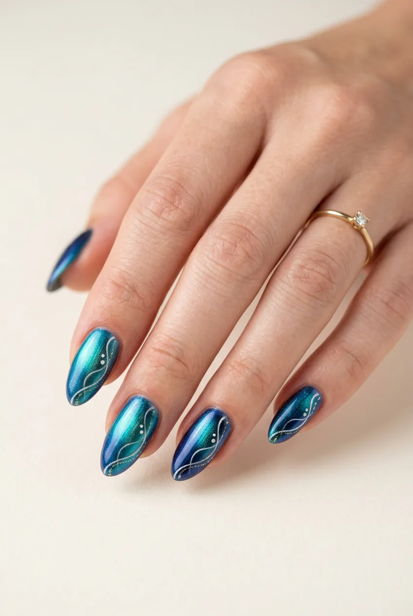 Woman's hand featuring ocean blue color-shifting polish transitioning through multiple blue tones