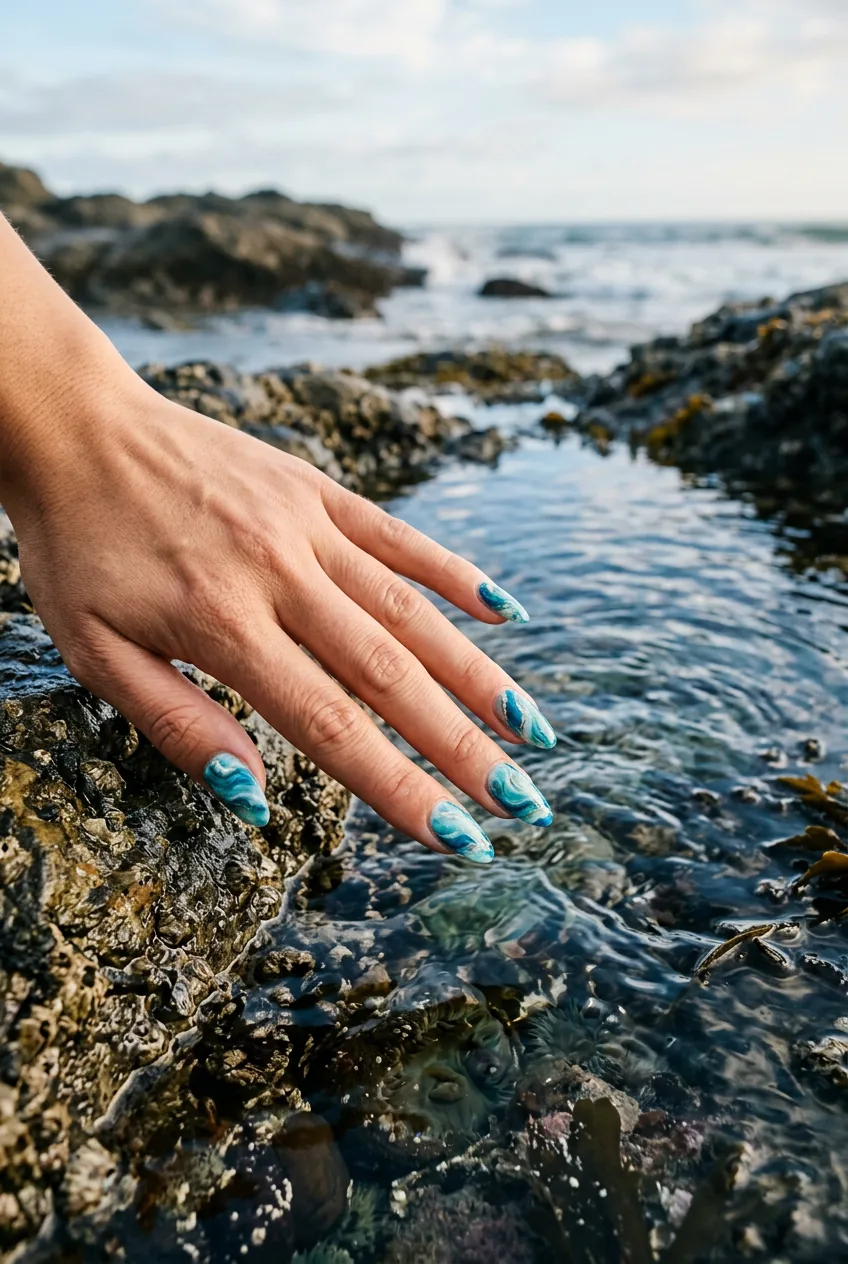 Ocean wave marble nail art displaying flowing blue-green water patterns near tide pool