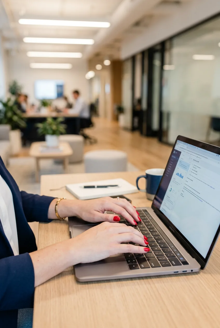 Professional woman's hands with red manicure typing on laptop in modern office