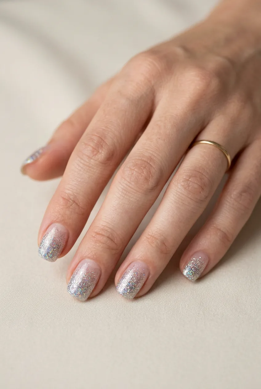 Woman's hand showing elegant ombré glitter tips fading from clear to sparkle on short nails