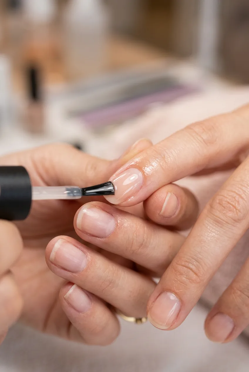 Brush applying single coat of sheer nude polish showing smooth even coverage on nail