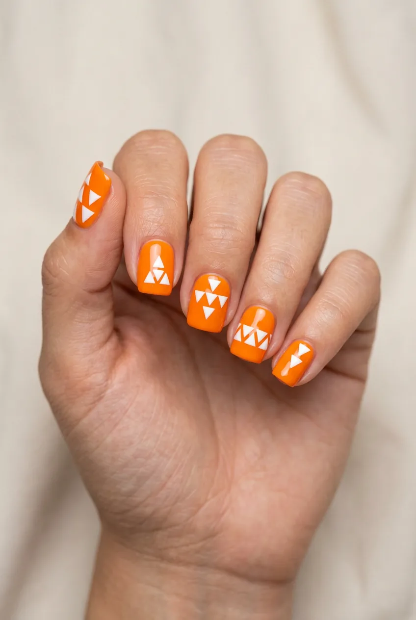 Bold orange square nails decorated with white geometric triangle and line patterns