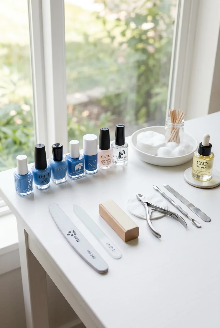 Organized nail care station with blue polish bottles and tools arranged near bright window