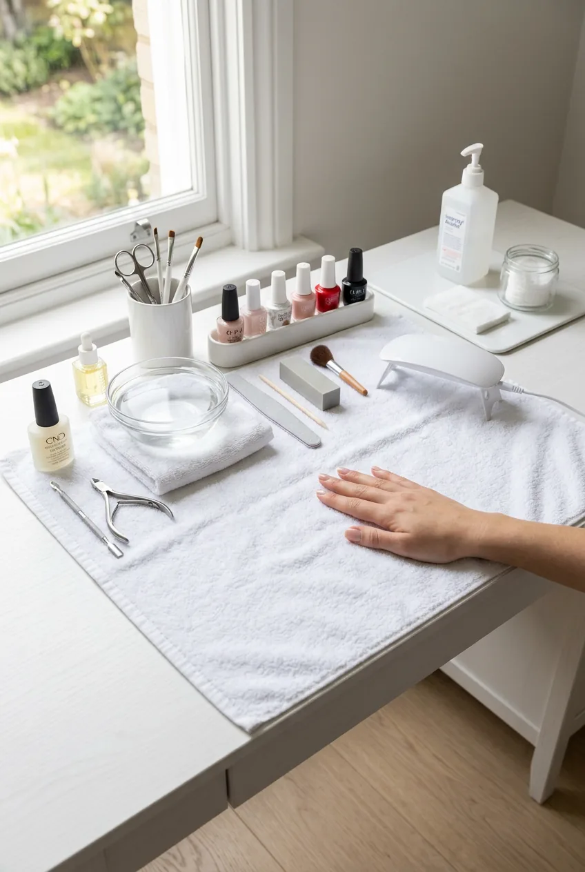 Organized manicure workspace with nail tools, polish bottles and towel arranged systematically on white desk
